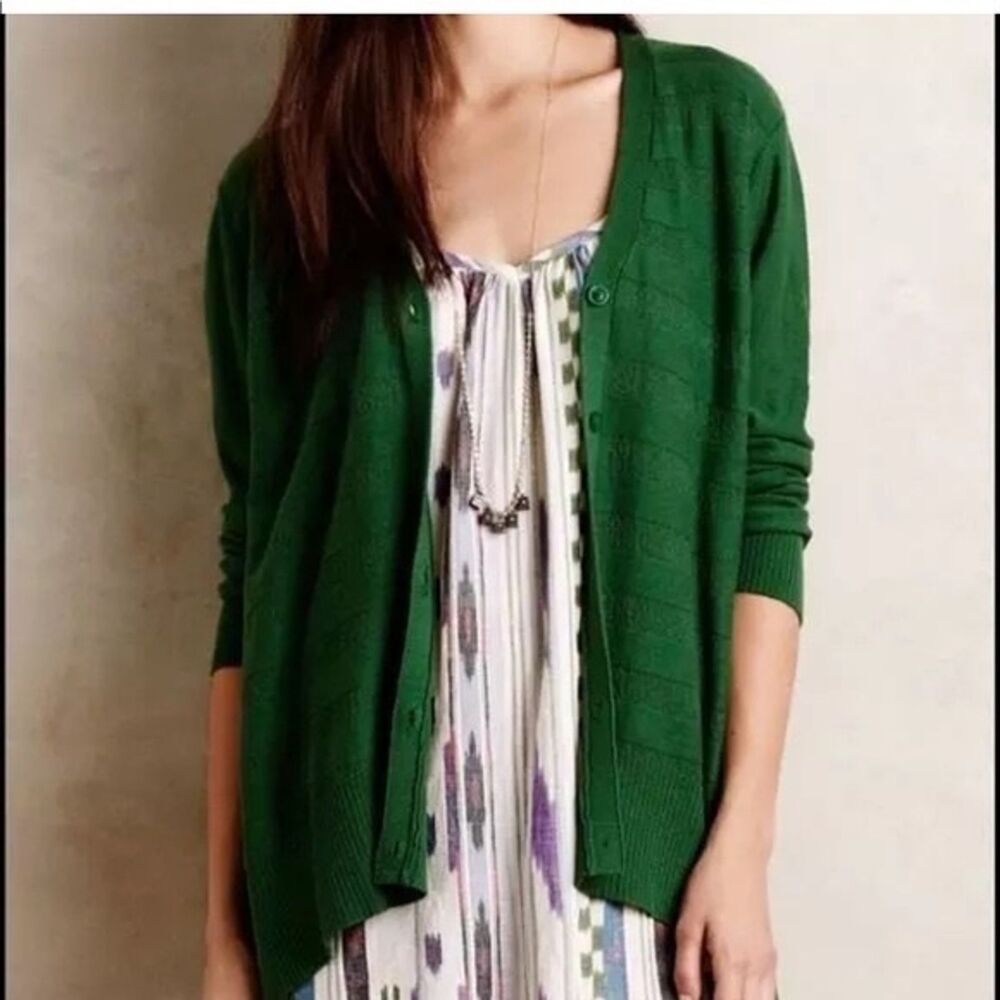 Anthropologie Green Knit Cardigan Sweater Women’s L Oversized Cozy Drapy Spring